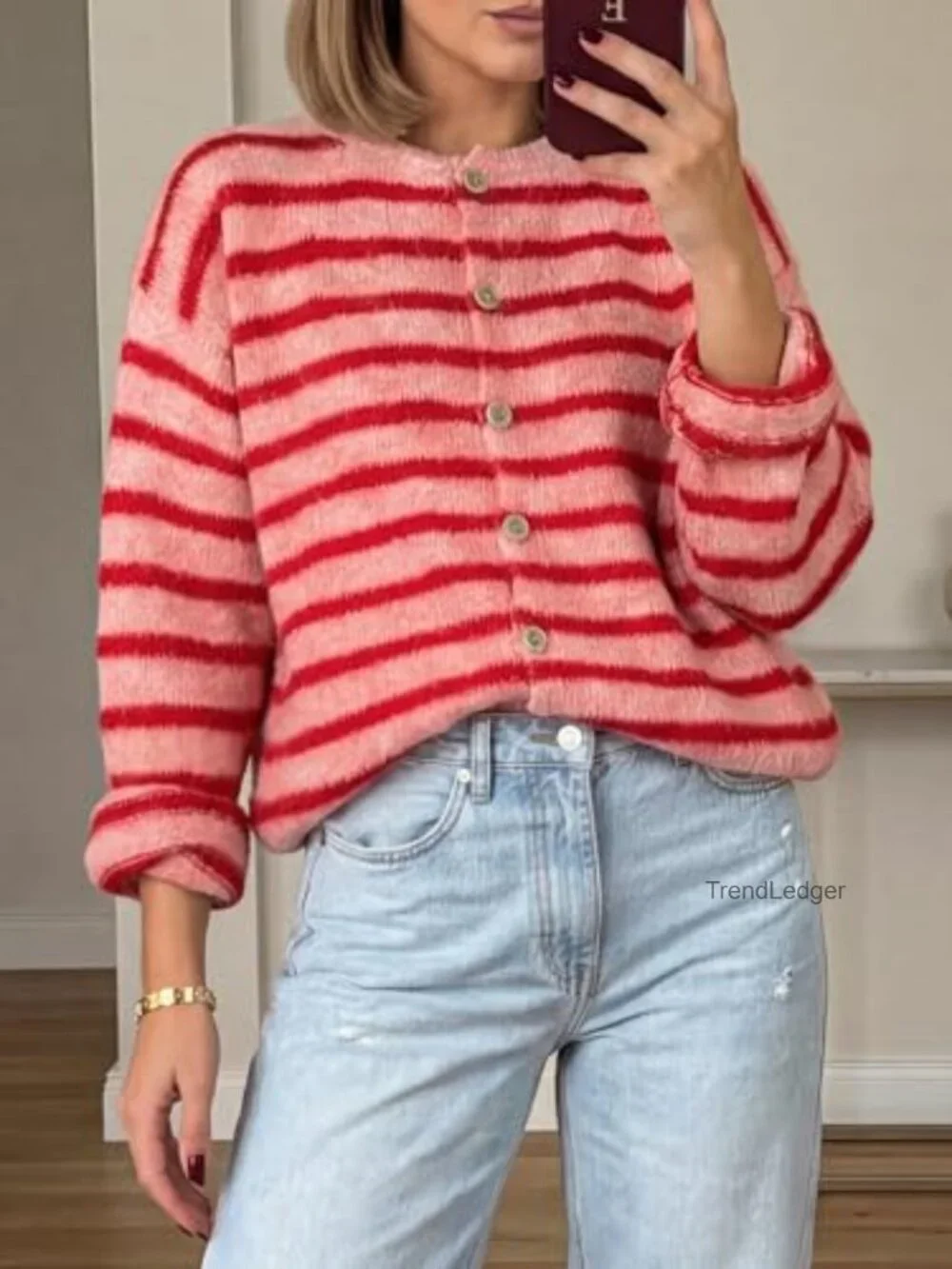 Striped Colorblock Button Front Cropped Cardigan Sweater